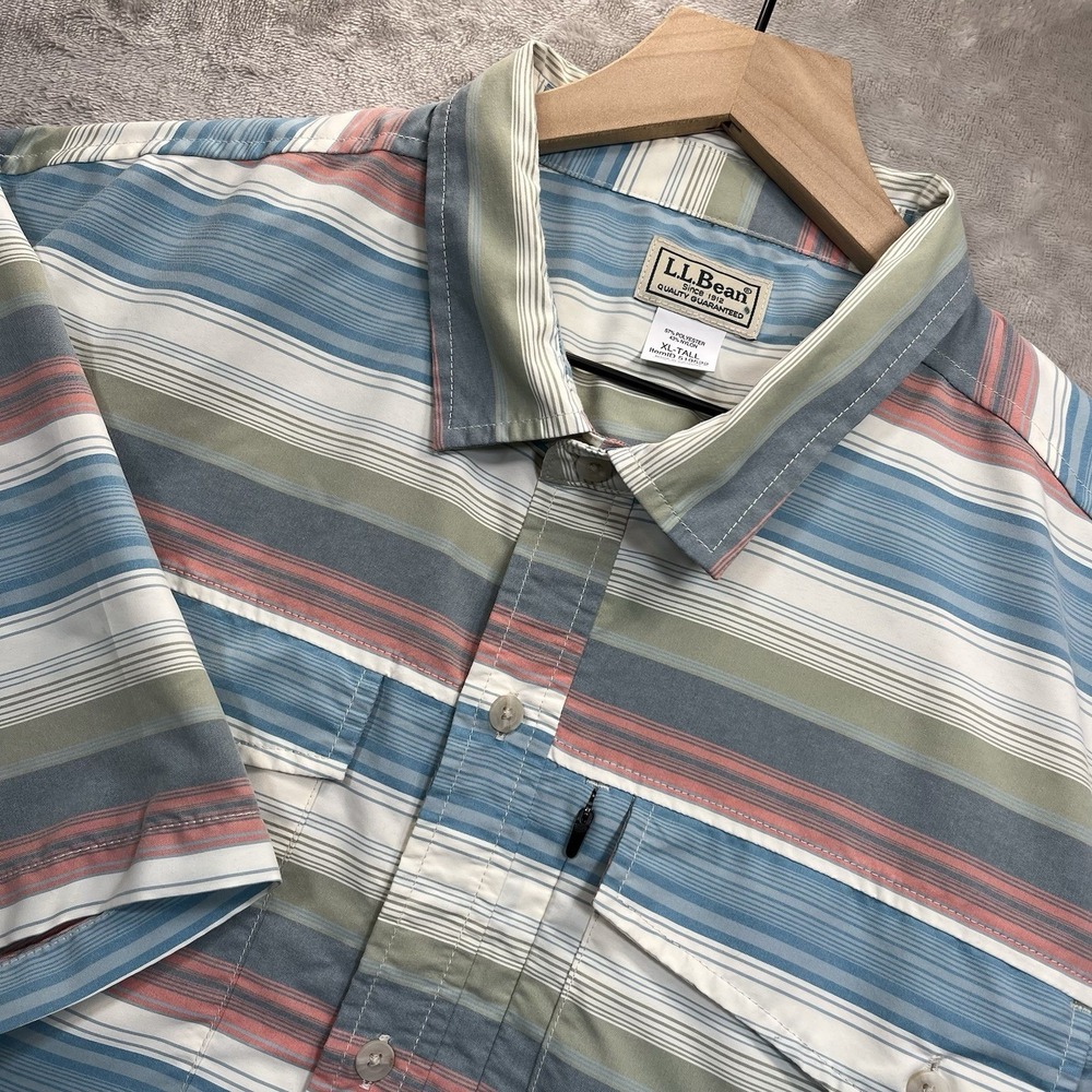 LL BEAN Button-Up Shirt Mens XLT Beige Outdoor Short Sleeve Sunsmart Woven UPF